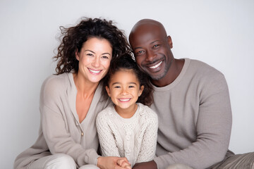 Obraz premium Cheerful multi-ethnic family of three sitting together smiling against clean white background