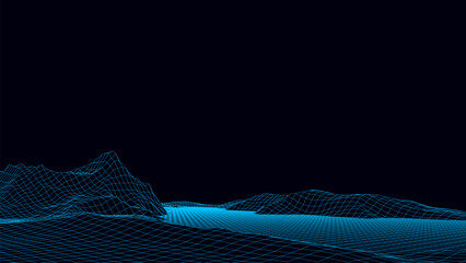 Vector mountain wireframe landscape. Technology polygonal terrain. Futuristic blue background.