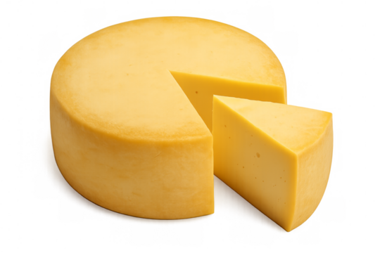 Round block of cheese with a slice cut out on transparent background