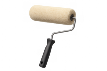 New paint roller brush with black handle on transparent background