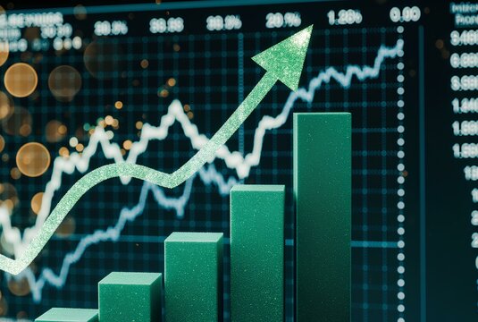 Green arrow pointing upward on financial graph. Business growth chart with rising trend line. Digital stock market data visualization for investment analysis concept - Powered by Adobe