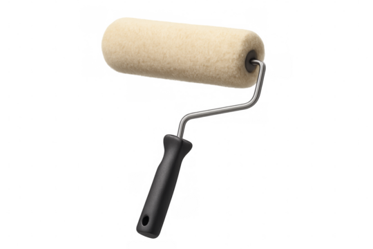 New paint roller brush with black handle on transparent background