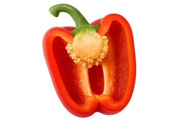 Half red bell pepper showing seeds on transparent background