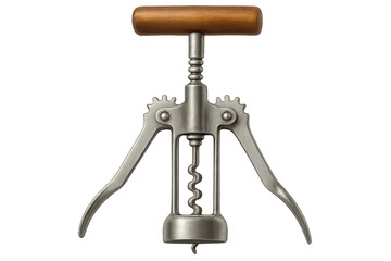 Metal corkscrew with wooden handle on transparent background
