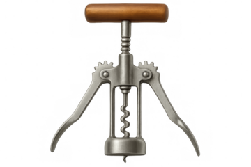 Metal corkscrew with wooden handle on transparent background