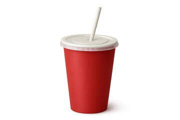 Red paper cup with white lid and straw on transparent background