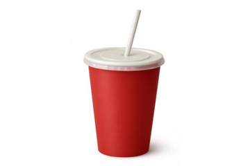 Red paper cup with white lid and straw on transparent background