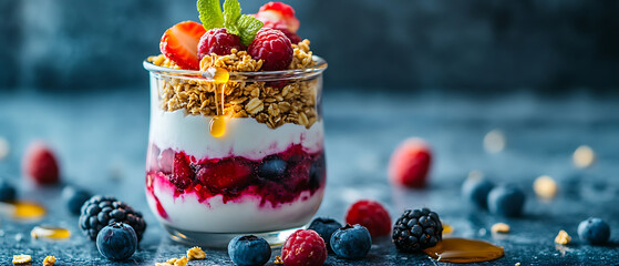 Berry Parfait with Granola and Yogurt in a Glass Jar