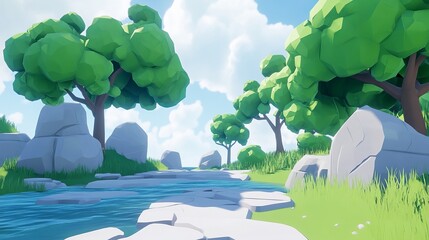 Serene stylized landscape featuring a gently flowing stream, lush green trees, and smooth gray rocks under a bright, partly cloudy sky.  