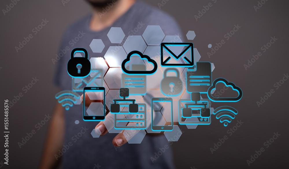 Aufkleber Image depicts secure data network access via mobile devices.  Cloud storage, email, and security features are highlighted.