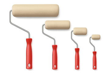 Four paint rollers with red handles on transparent background