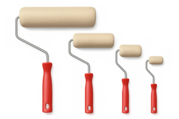 Four paint rollers with red handles on transparent background