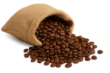 Roasted coffee beans spilling from burlap sack with transparent background