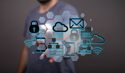 Image depicts secure data network access via mobile devices.  Cloud storage, email, and security...