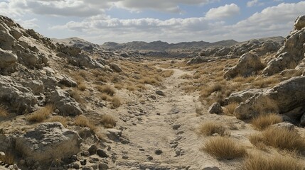 Arid landscape path meanders through rocky terrain, dry grass flanks the dusty trail under a partly cloudy sky