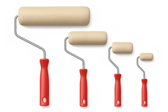Four paint rollers with red handles on transparent background