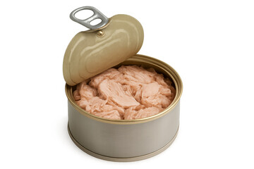 Open tin can showing tuna preserved fish meat on transparent background