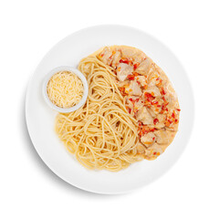 A pristine white plate elegantly topped with delicious spaghetti and chicken