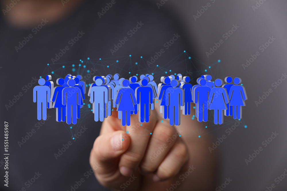 Poster Image of a hand interacting with a digital network of people, representing connection and communication.