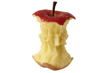 Red apple core showing bite marks on transparent background