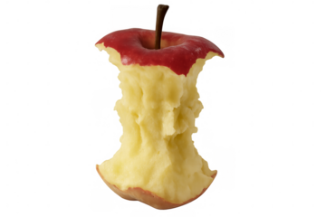Red apple core showing bite marks on transparent background