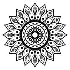 Radial Floral Mandala Vector – Intricate Black and White Circular Design with Teardrop Petals for Henna, Tattoo, Mehndi, Meditation, and Boho Art Projects