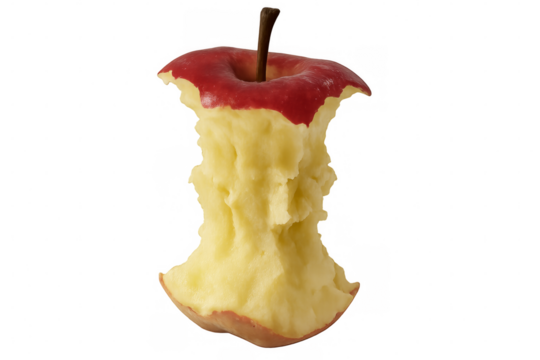 Red apple core showing bite marks on transparent background