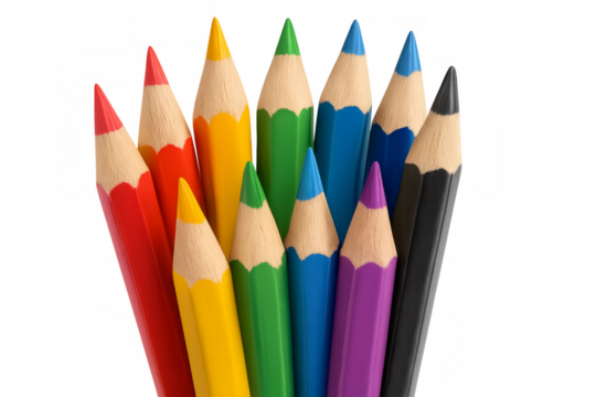 Set of colorful pencils pointing upwards on transparent background