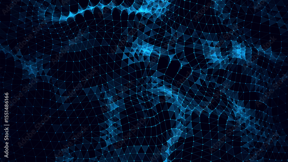 Wall mural abstract distorted wireframe wave. vector curve surface background. technology grid pattern. blue me
