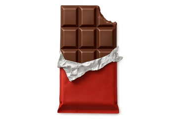 Partially opened chocolate bar with bite missing on transparent background