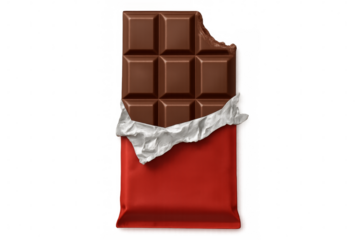 Partially opened chocolate bar with bite missing on transparent background