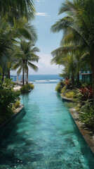 Fototapeta premium A serene tropical scene featuring a clear swimming pool surrounded by lush palm trees and vibrant plants, leading to a calm ocean in the background.