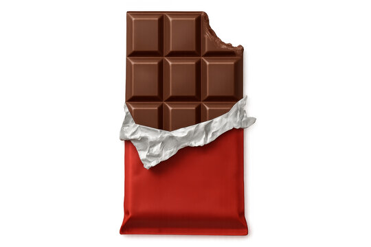 Partially opened chocolate bar with bite missing on transparent background