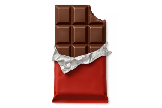 Partially opened chocolate bar with bite missing on transparent background