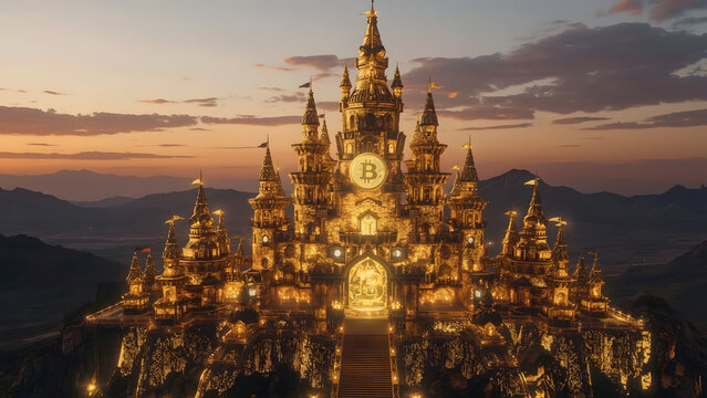 A majestic, illuminated golden castle stands atop a mountain at sunset, overlooking a distant mountain range.