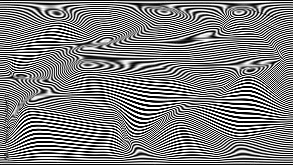 Wall mural optical illusion wave. abstract vector background with black and white lines. pattern distorted text