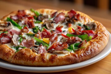Pizza crusty edges toppings including bacon mushrooms bell peppers red onion and broccoli on a white plate