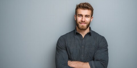 Confident Young Man Smiling Against a Gray Background in Casual Attire