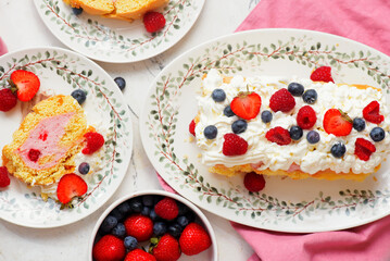Gluten Free Sponge Roll with Cream and Summer Berries.top veiw