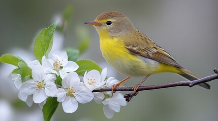 Small yellow bird perched on blooming branch