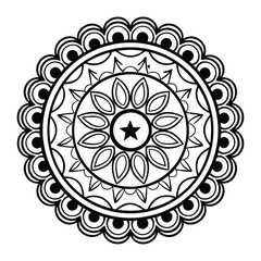 Black and White Circular Mandala with Star Center – Geometric Mehndi Style Line Art for Coloring Books, Tattoos, Meditation, and Yoga Design