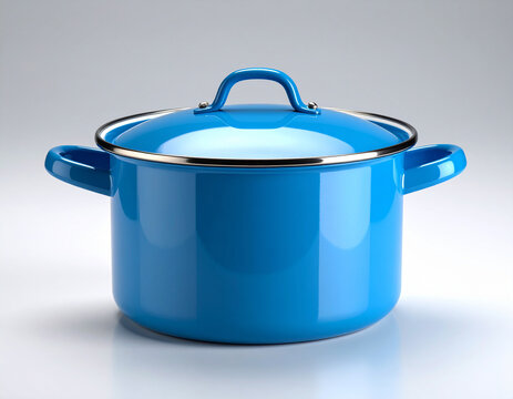 A vibrant blue cooking pot with a lid, showcasing its design and details.