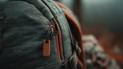 Close up of a green backpack with brown zipper and orange details outdoors.
