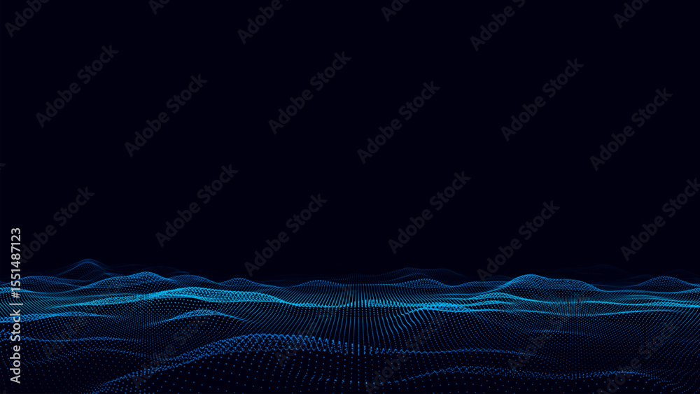 Wall mural futuristic technology wave. digital cyberspace. abstract wave with moving particles on a black backg