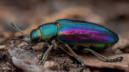 A vibrant beetle with metallic hues moves across the ground, blending into its earthy surroundings.