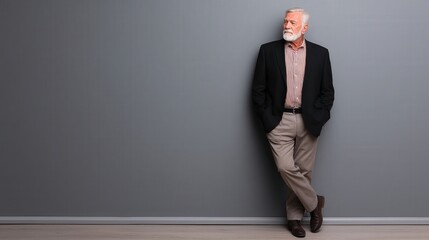 Confident Senior Man in Business Attire Leaning Against a Gray Wall