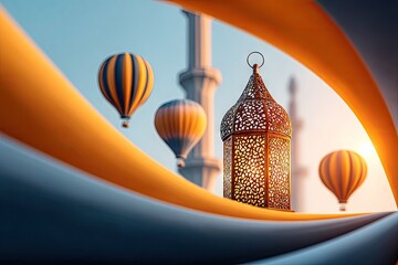 Ornate lantern, hot air balloons, and mosque.  Sunrise through abstract drapes