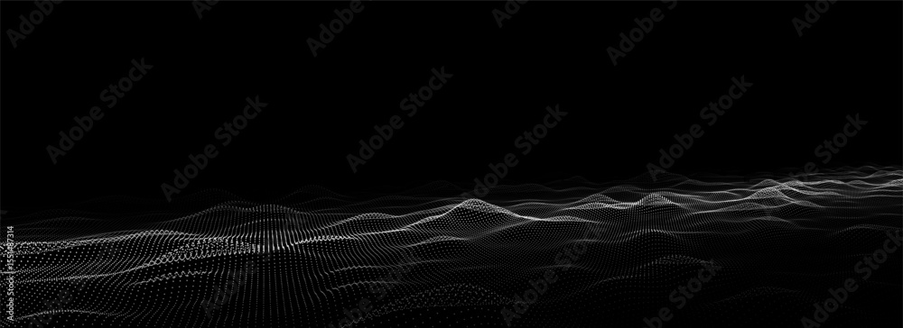 Wall mural futuristic technology wave. digital cyberspace. abstract wave with moving particles on a black backg