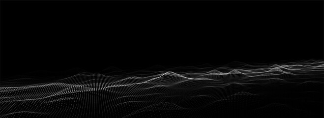 Futuristic technology wave. Digital cyberspace. Abstract wave with moving particles on a black background. Big data analytics.