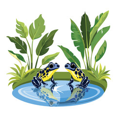 Pair of Frogs in Pond with Foliage